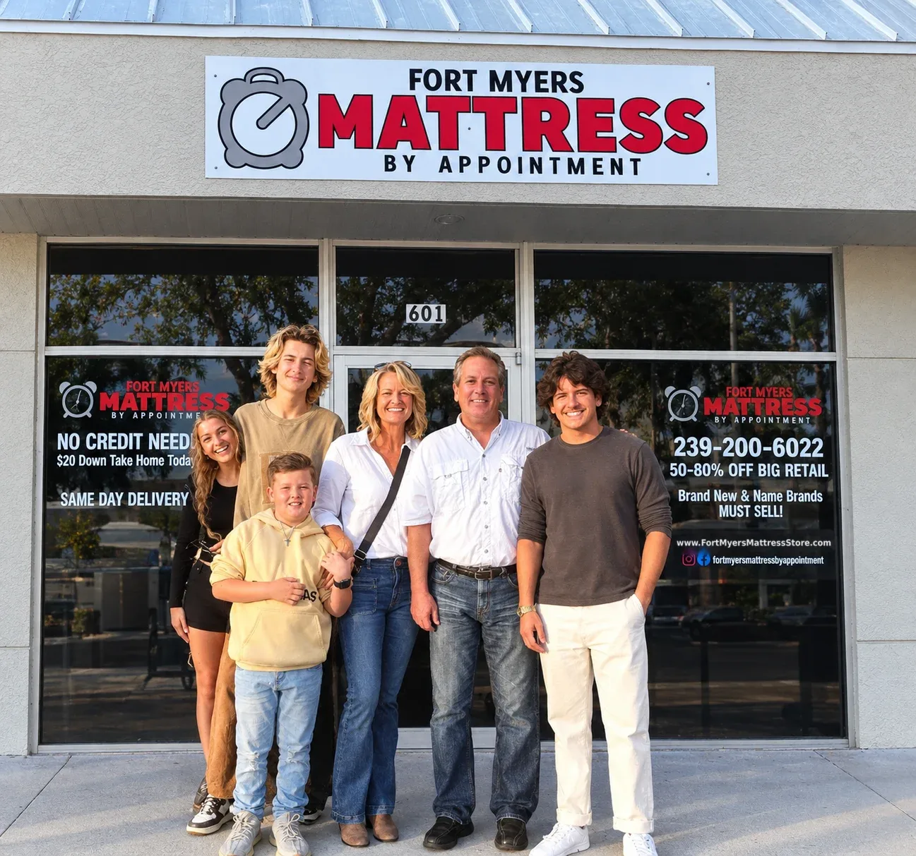 Owners Mike and Karen Murphy with their family in front of the Mattress By Appointment Fort Myers storefront on Winkler Ave